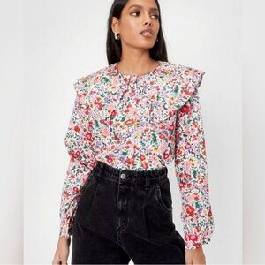 Nasty Gal Floral Oversized Collar Button Up Blouse medium